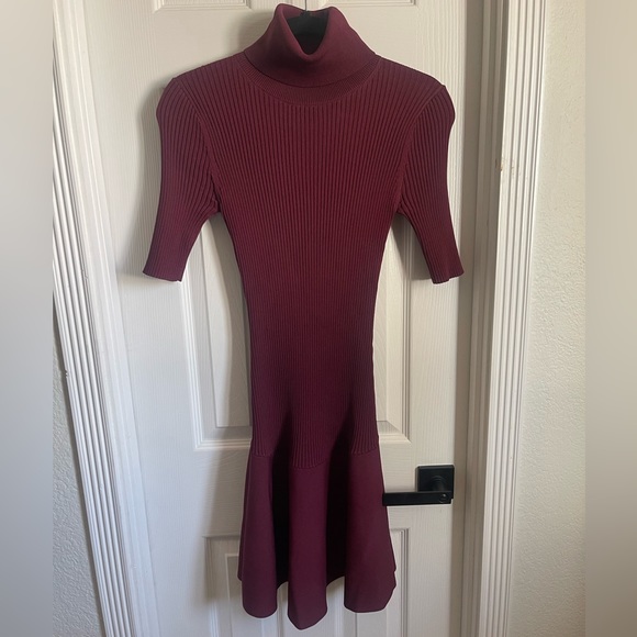 MICHAEL KORS - Turtleneck Ribbed Knee-Length Dress - BURGUNDY - Picture 6 of 9